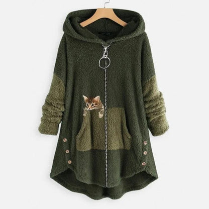 Damen-Teddyfleece-Kapuzenjacke mit Reißverschluss und Kängurutasche mit Katzenmotiv in Grün