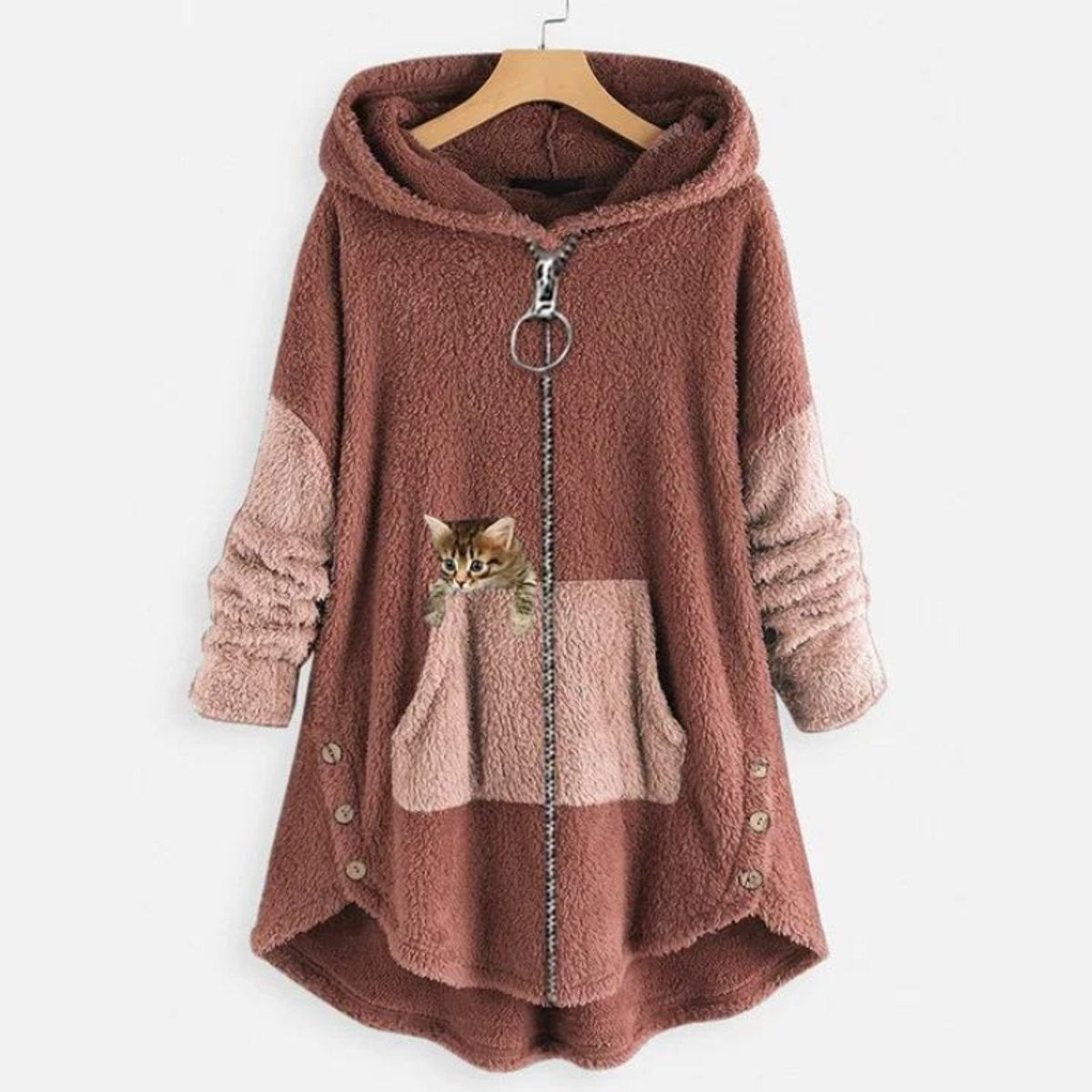 Damen-Teddyfleece-Kapuzenjacke mit Reißverschluss und Kängurutasche mit Katzenmotiv in Pink