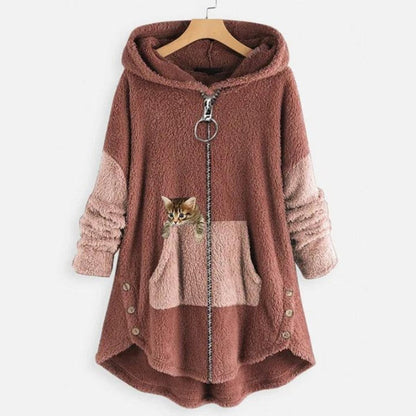 Damen-Teddyfleece-Kapuzenjacke mit Reißverschluss und Kängurutasche mit Katzenmotiv in Pink