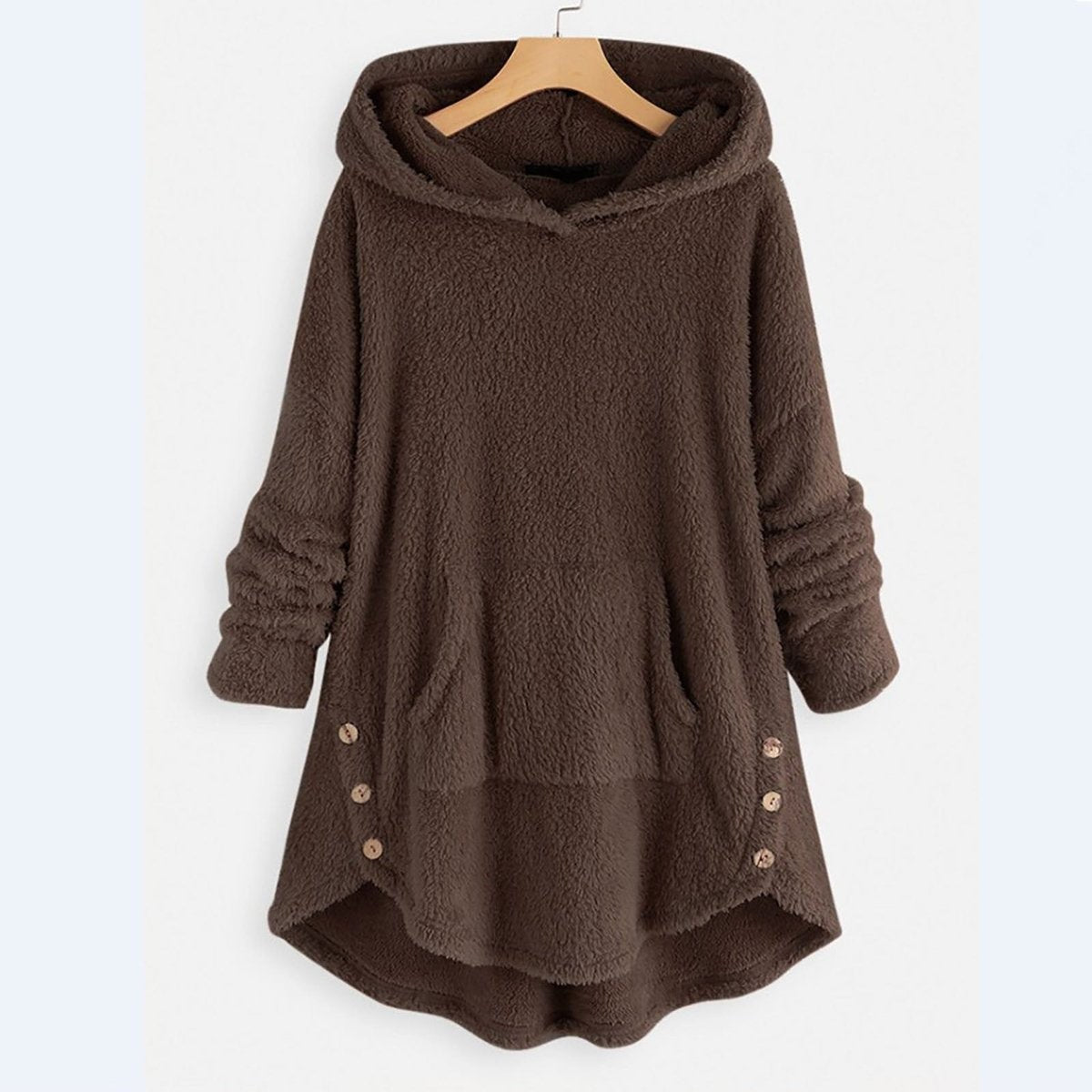 Damen-Teddyfleece-Kapuzenjacke mit Reißverschluss und Kängurutasche mit Katzenmotiv in Braun