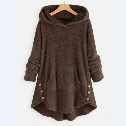 Damen-Teddyfleece-Kapuzenjacke mit Reißverschluss und Kängurutasche mit Katzenmotiv in Braun