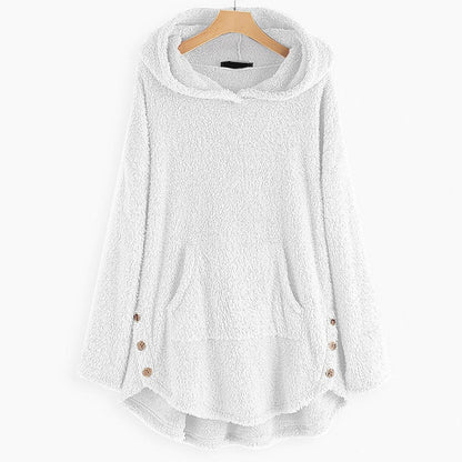 Damen-Teddyfleece-Kapuzenjacke mit Reißverschluss und Kängurutasche mit Katzenmotiv in Weiß