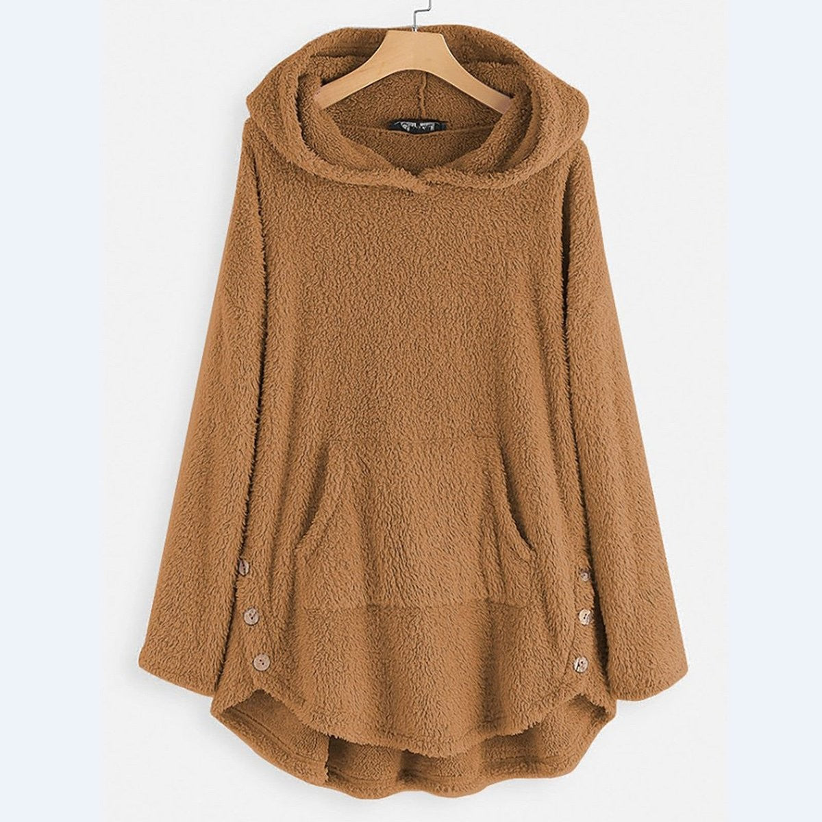 Damen-Teddyfleece-Kapuzenjacke mit Reißverschluss und Kängurutasche mit Katzenmotiv in Beige