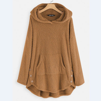 Damen-Teddyfleece-Kapuzenjacke mit Reißverschluss und Kängurutasche mit Katzenmotiv in Beige