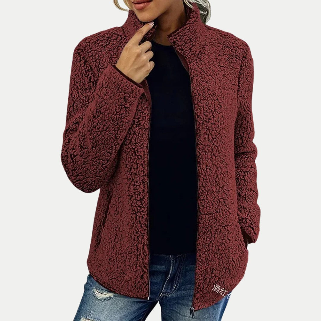 Damen-Teddyfleecejacke mit Stehkragen, durchgehendem Reißverschluss und Seitentaschen in Rot