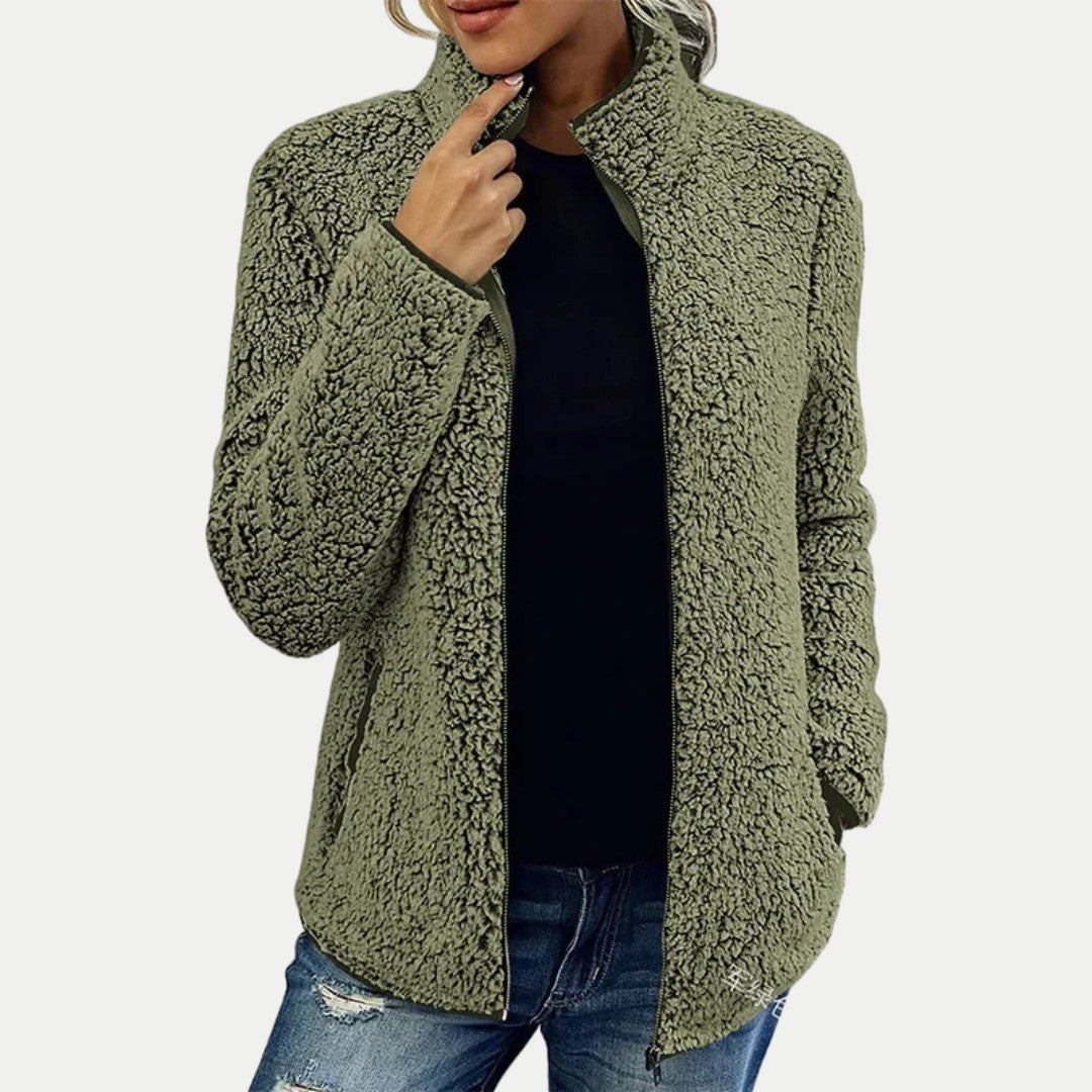Damen-Teddyfleecejacke mit Stehkragen, durchgehendem Reißverschluss und Seitentaschen in Grün