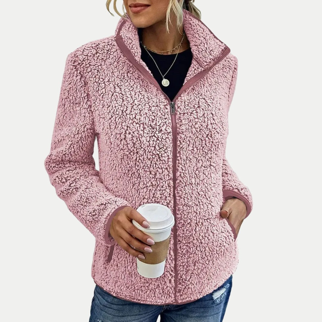 Damen-Teddyfleecejacke mit Stehkragen, durchgehendem Reißverschluss und Seitentaschen in Pink