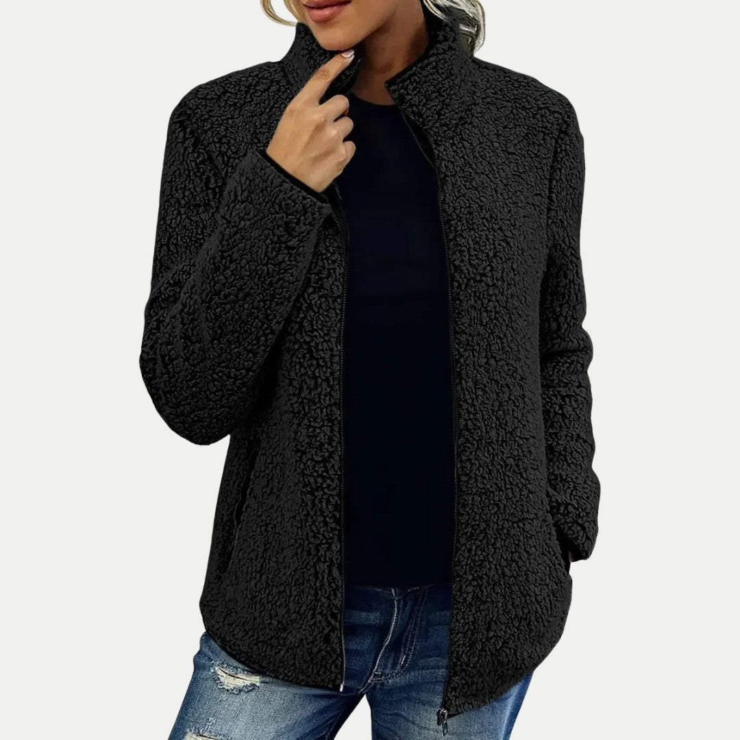 Damen-Teddyfleecejacke mit Stehkragen, durchgehendem Reißverschluss und Seitentaschen in Schwarz