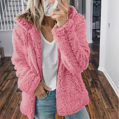 Damen-Teddyjacke mit Kapuze und Reißverschluss für kühle Tage in Rosa