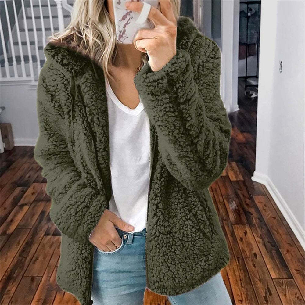 Damen-Teddyjacke mit Kapuze und Reißverschluss für kühle Tage, Ansicht 13