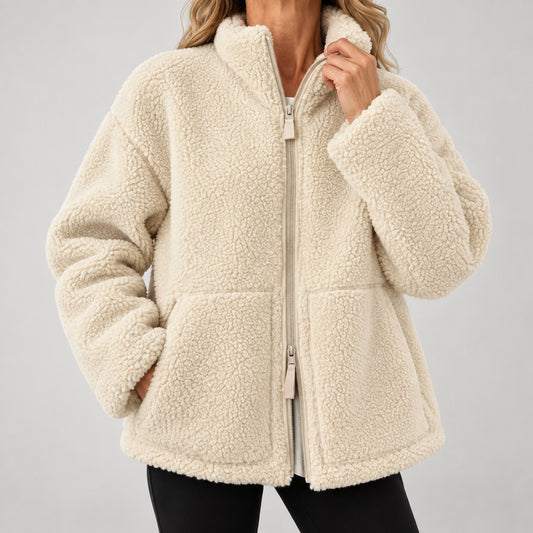 Damen-Teddyjacke mit Stehkragen, Zwei-Wege-Reißverschluss und aufgesetzten Taschen in Weiß