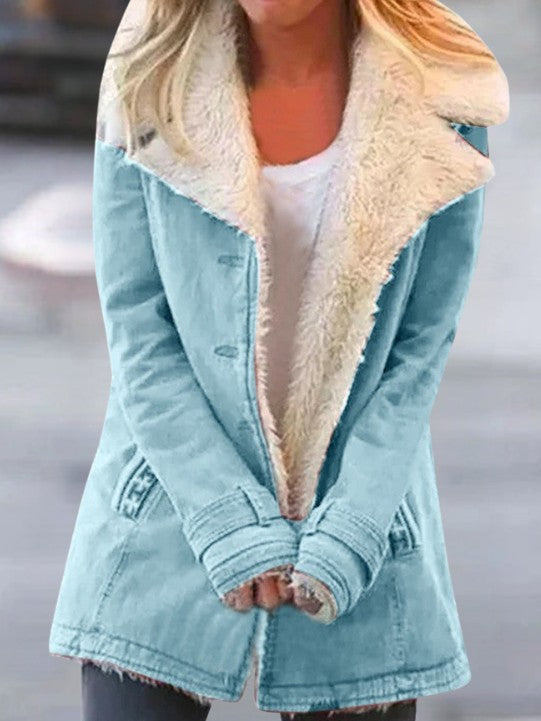 Damen-Winterjacke mit Teddyfutter, großem Teddykragen und Knopfleiste mit Taschen in Himmelblau