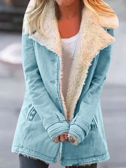 Damen-Winterjacke mit Teddyfutter, großem Teddykragen und Knopfleiste mit Taschen in Himmelblau