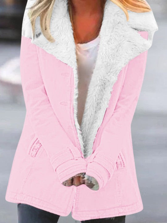 Damen-Winterjacke mit Teddyfutter, großem Teddykragen und Knopfleiste mit Taschen in Rosa