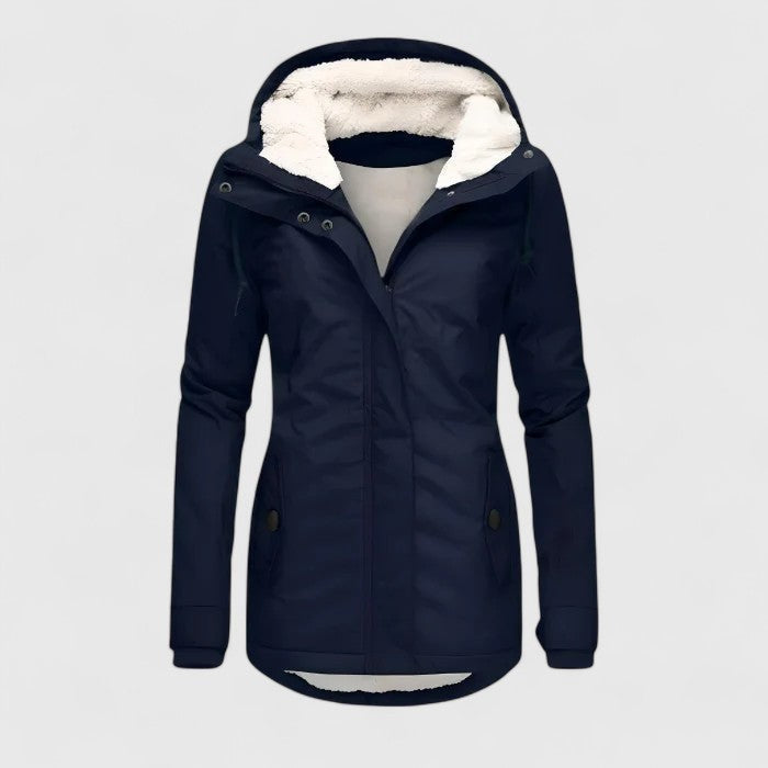 Damen-Winterjacke mit Teddyfutter in der Kapuze, verstellbarer Kapuze und Pattentaschen in Marineblau
