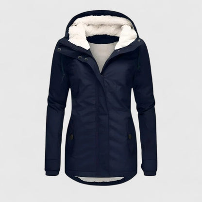 Damen-Winterjacke mit Teddyfutter in der Kapuze, verstellbarer Kapuze und Pattentaschen in Marineblau