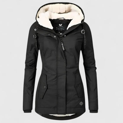 Damen-Winterjacke mit Teddyfutter in der Kapuze, verstellbarer Kapuze und Pattentaschen in Schwarz
