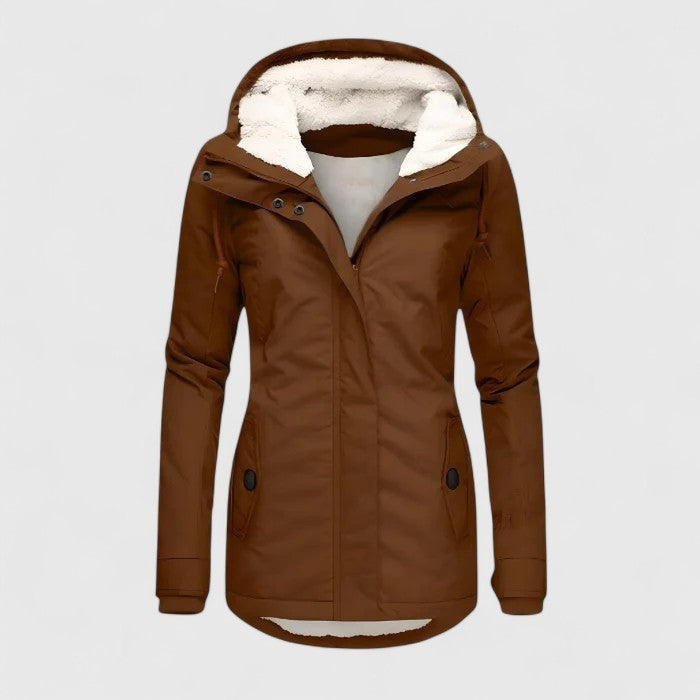 Damen-Winterjacke mit Teddyfutter in der Kapuze, verstellbarer Kapuze und Pattentaschen in Khaki