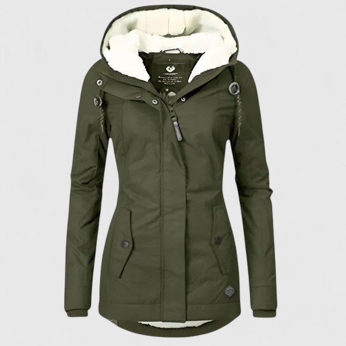Damen-Winterjacke mit Teddyfutter in der Kapuze, verstellbarer Kapuze und Pattentaschen in Grün