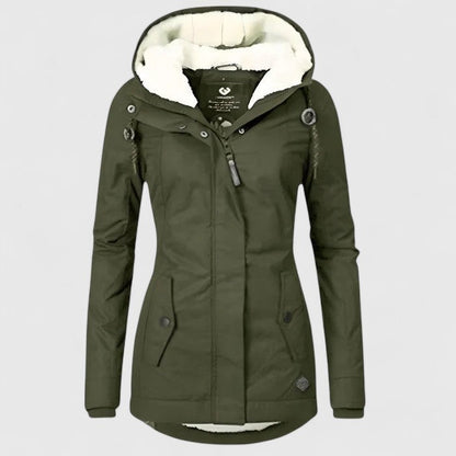 Damen-Winterjacke mit Teddyfutter in der Kapuze, verstellbarer Kapuze und Pattentaschen in Grün