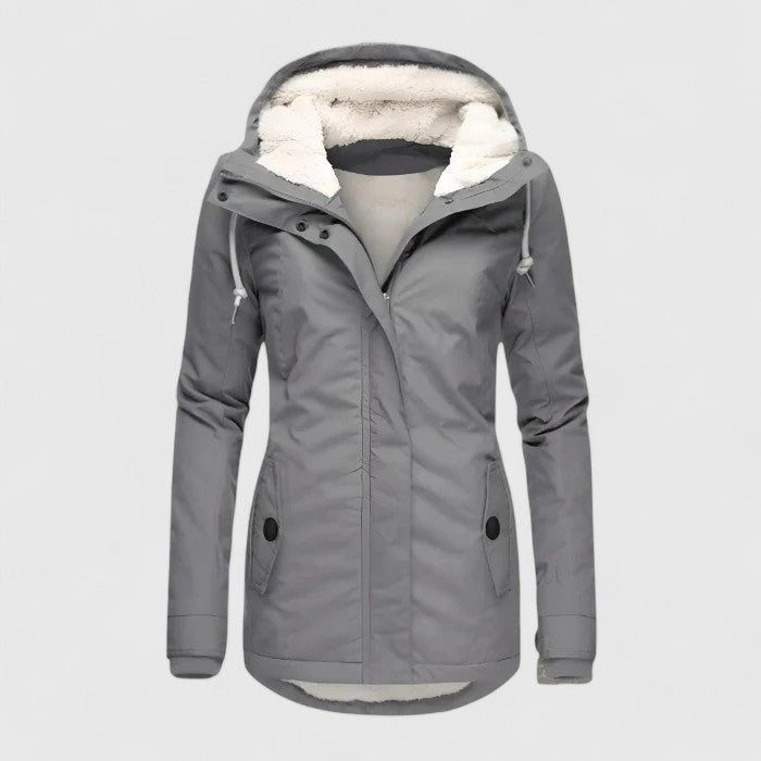 Damen-Winterjacke mit Teddyfutter in der Kapuze, verstellbarer Kapuze und Pattentaschen in Grau