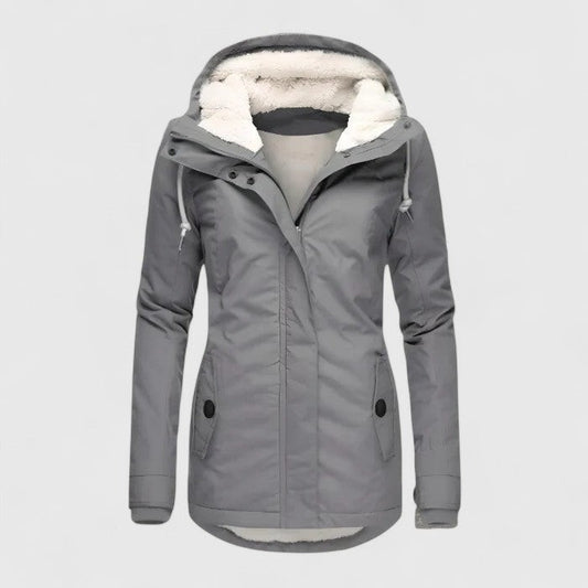 Damen-Winterjacke mit Teddyfutter in der Kapuze, verstellbarer Kapuze und Pattentaschen in Grau