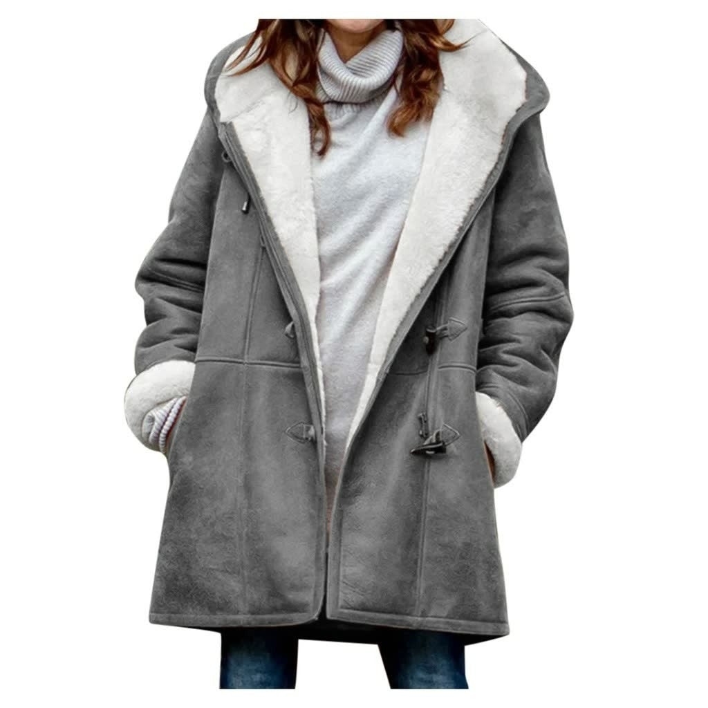 Damen-Wintermantel mit Teddyfutter, Kapuze und Knebelverschluss in Grau