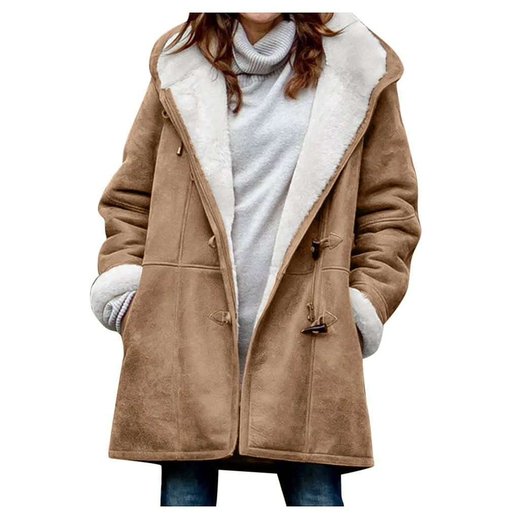 Damen-Wintermantel mit Teddyfutter, Kapuze und Knebelverschluss in Khaki