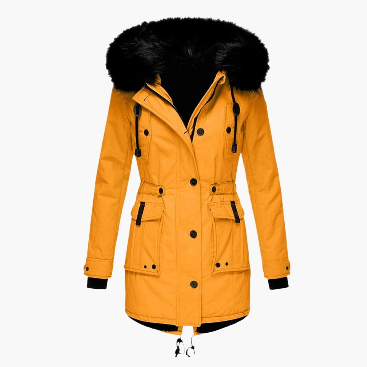 Damen-Winterparka mit Kunstfellkapuze, Tunnelzug in der Taille und Pattentaschen in Gold