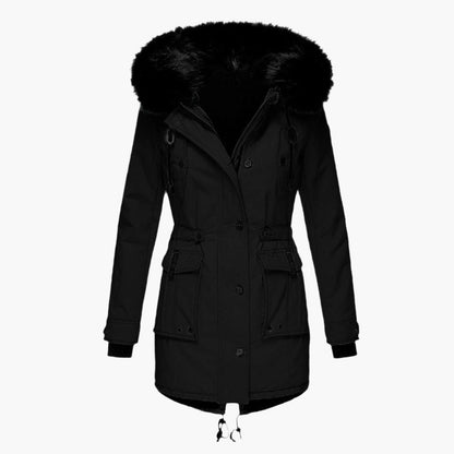Damen-Winterparka mit Kunstfellkapuze, Tunnelzug in der Taille und Pattentaschen in Schwarz