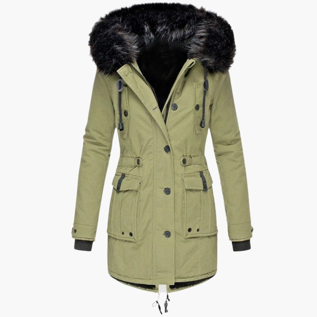 Damen-Winterparka mit Kunstfellkapuze, Tunnelzug in der Taille und Pattentaschen in Grün