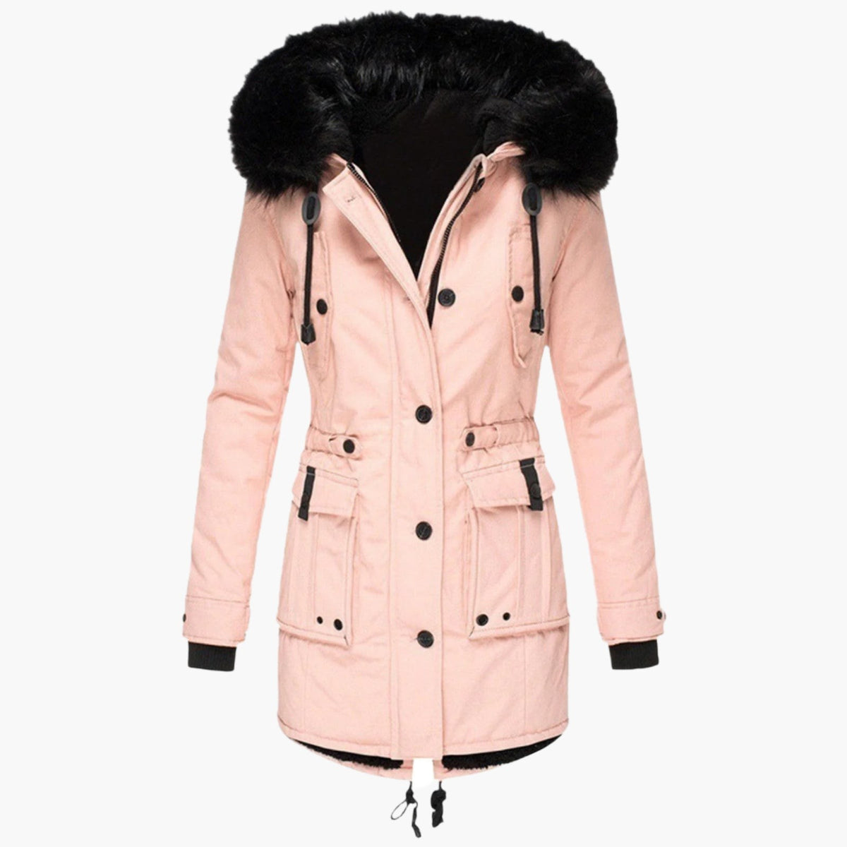 Damen-Winterparka mit Kunstfellkapuze, Tunnelzug in der Taille und Pattentaschen in Rosa