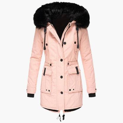 Damen-Winterparka mit Kunstfellkapuze, Tunnelzug in der Taille und Pattentaschen in Rosa