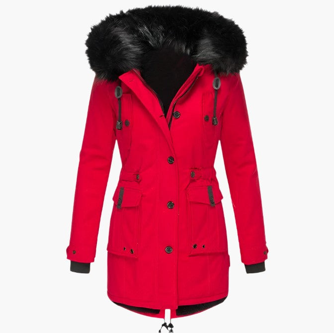 Damen-Winterparka mit Kunstfellkapuze, Tunnelzug in der Taille und Pattentaschen in Rot