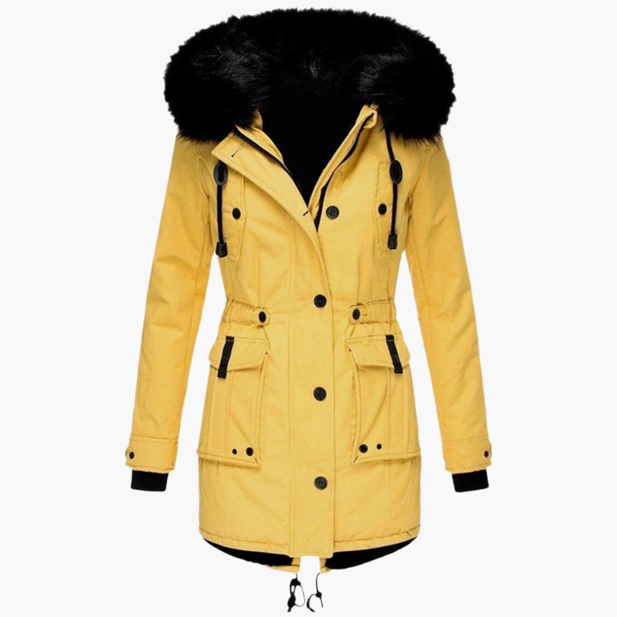 Damen-Winterparka mit Kunstfellkapuze, Tunnelzug in der Taille und Pattentaschen in Gelb
