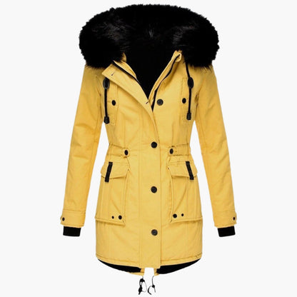 Damen-Winterparka mit Kunstfellkapuze, Tunnelzug in der Taille und Pattentaschen in Gelb