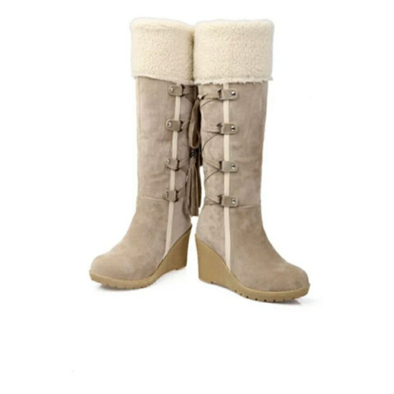 Damen-Winterstiefel mit Keilabsatz, Kunstfellfutter und Teddy-Krempe in Beige
