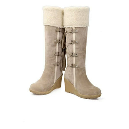 Damen-Winterstiefel mit Keilabsatz, Kunstfellfutter und Teddy-Krempe in Beige