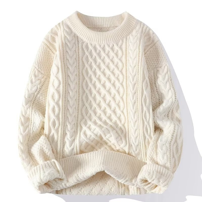 Damen-Zopfstrickpullover aus Wolle mit Rundhals und überschnittenen Schultern für kalte Tage in Weiß