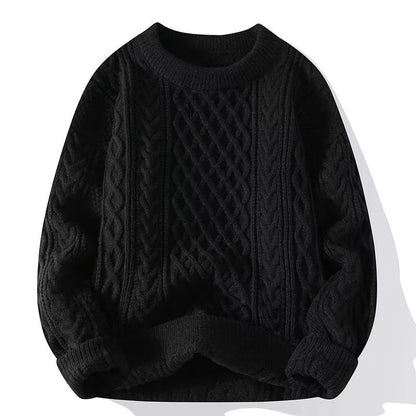 Damen-Zopfstrickpullover aus Wolle mit Rundhals und überschnittenen Schultern für kalte Tage in Schwarz