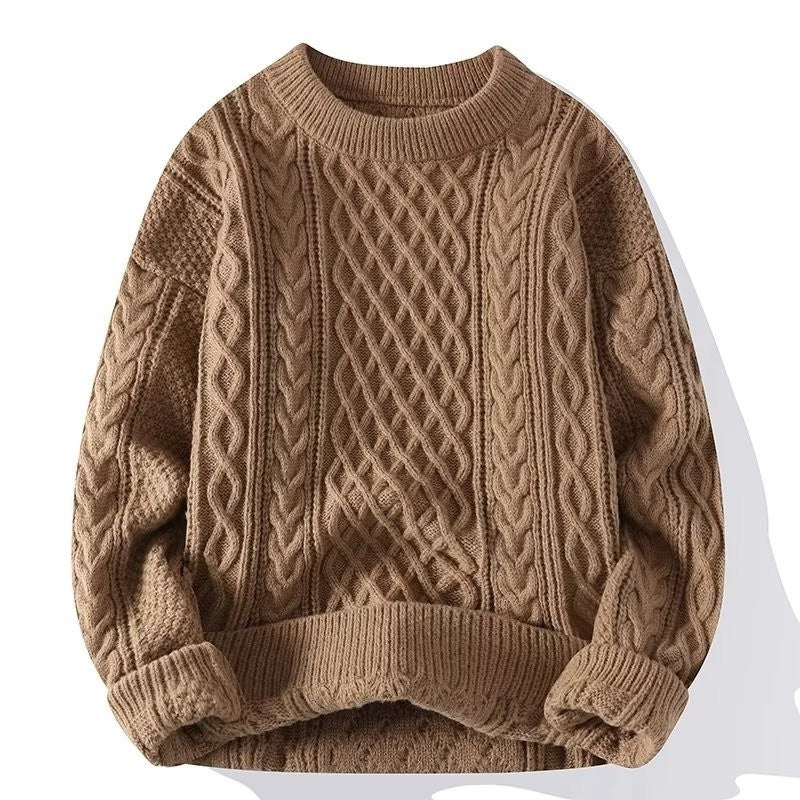 Damen-Zopfstrickpullover aus Wolle mit Rundhals und überschnittenen Schultern für kalte Tage in Braun