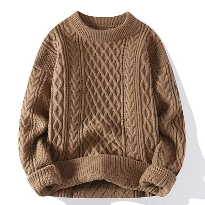 Damen-Zopfstrickpullover aus Wolle mit Rundhals und überschnittenen Schultern für kalte Tage in Braun