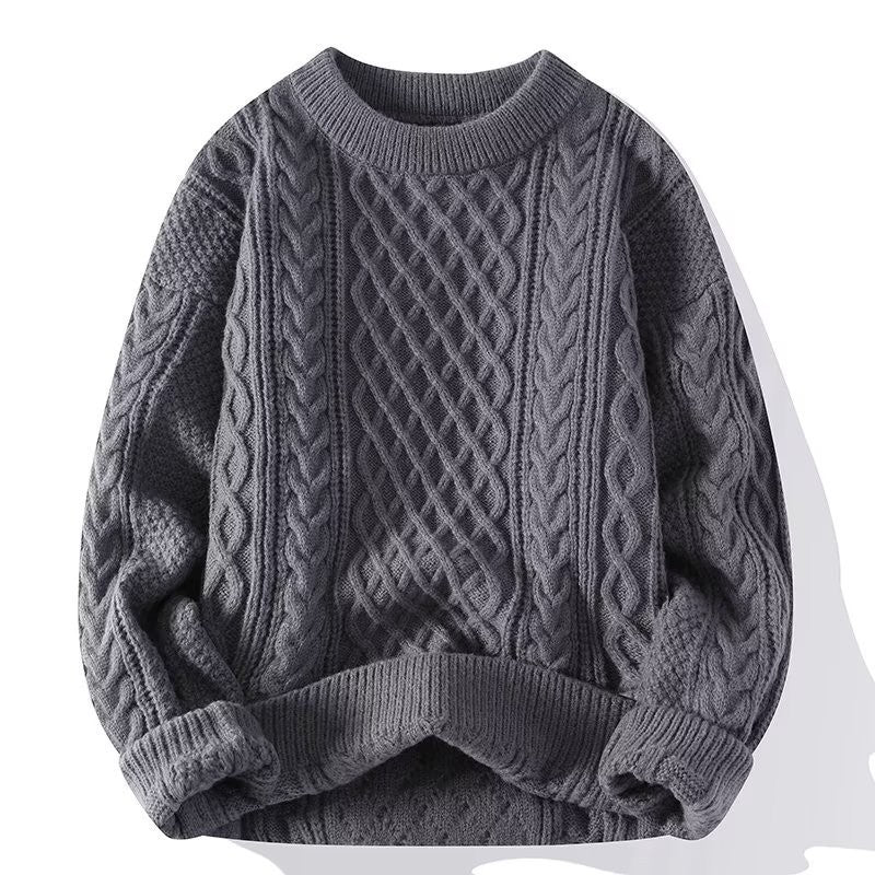 Damen-Zopfstrickpullover aus Wolle mit Rundhals und überschnittenen Schultern für kalte Tage in Grau