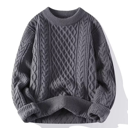 Damen-Zopfstrickpullover aus Wolle mit Rundhals und überschnittenen Schultern für kalte Tage in Grau