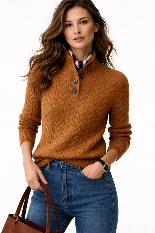 Damen-Zopfstrickpullover aus Wollmischung mit Stehkragen und Knopfleiste in Braun