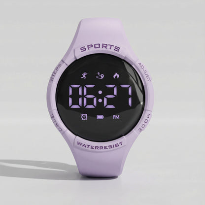 Digitale Sportuhr für Kinder mit Schrittzähler, Vibrationswecker, IP68 und USB-C-Ladung in Lila