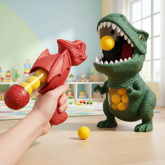 Lachender Junge spielt mit grünem Dinosaurier-Ziel und gelben Schaumbällen