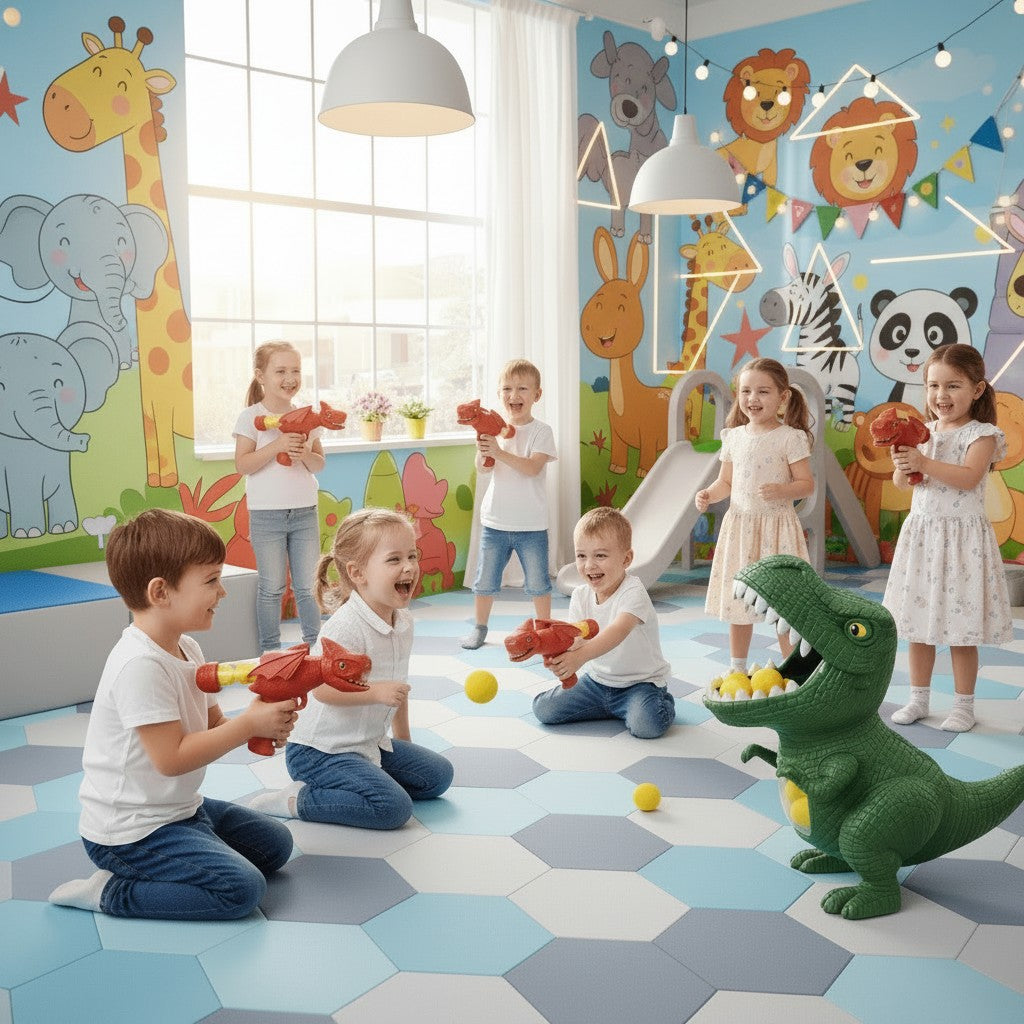 Dinosaurier-Zielspiel mit Pump-Blaster und Softschaumbällen für Kinder drinnen und draußen, Ansicht 5