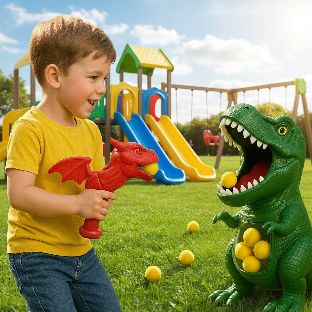 Dinosaurier-Zielspiel mit Pump-Blaster und Softschaumbällen für Kinder drinnen und draußen, Ansicht 6