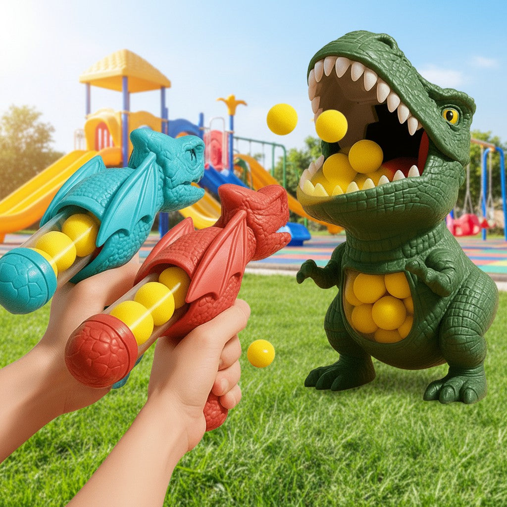 Dinosaurier-Zielspiel mit Pump-Blaster und Softschaumbällen für Kinder drinnen und draußen, Ansicht 2